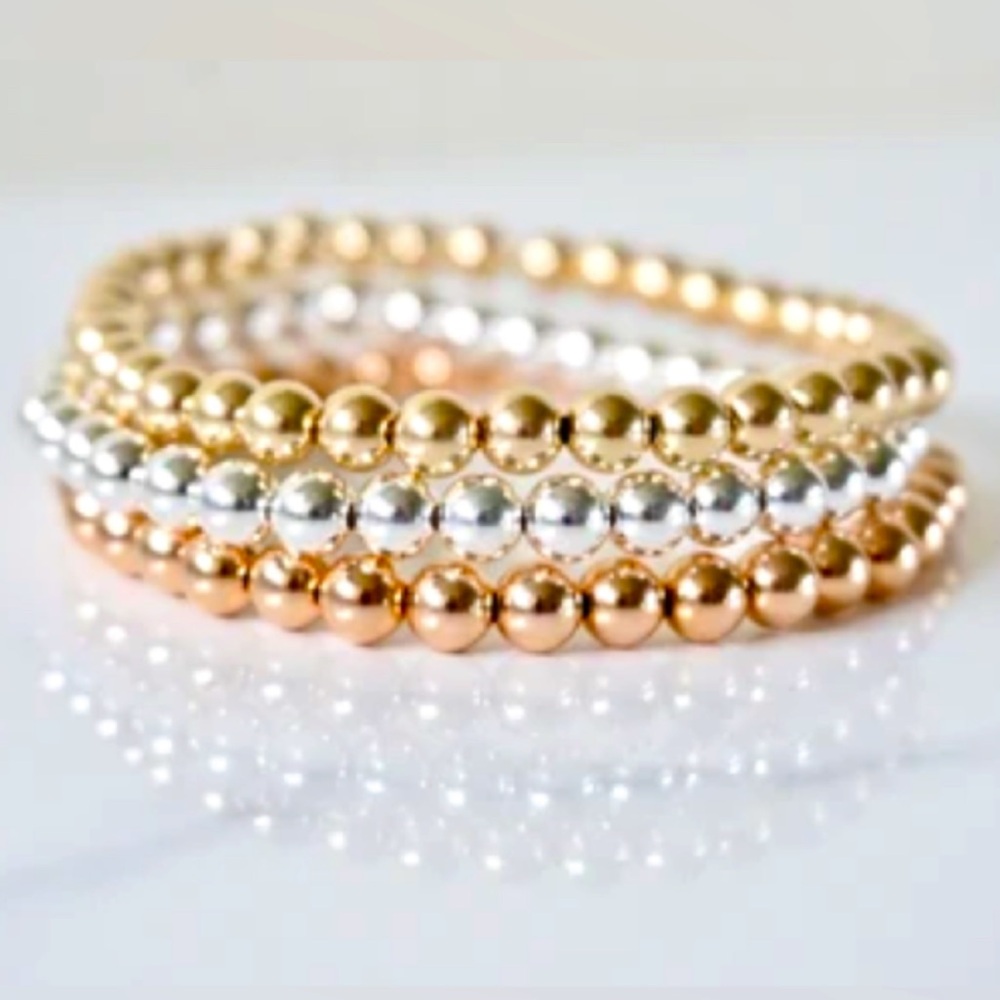 🆕New Elegant Hematite Rose Gold, Gold, and Silver Beaded Bracelet Set 8mm 3pcs
